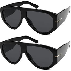 2-Pack Herjour Black Gray Oversized Retro Aviator Sunglasses Womens Sunglasses
